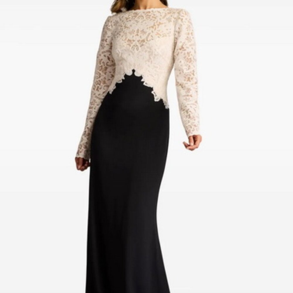 Tadashi Shoji Black Ivory Mixed Media Long Sleeve Sequin Lace Gown